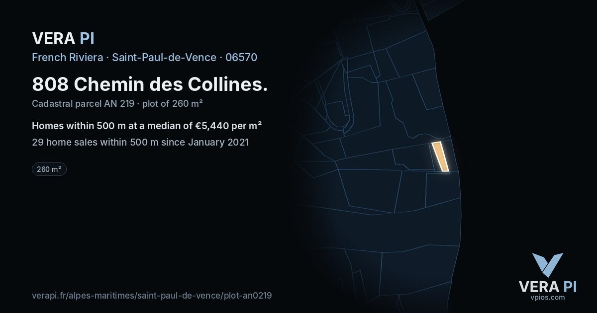 808 Chemin des Collines, Saint-Paul-de-Vence at night – the plot lit, the parcels around coloured by the prices near them