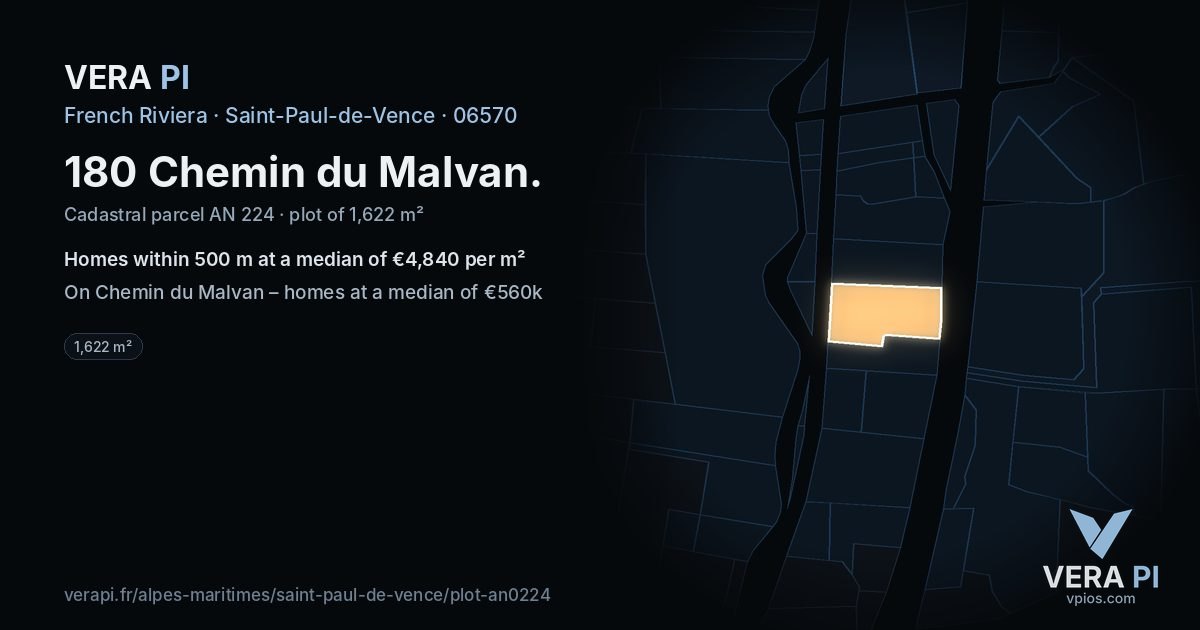 180 Chemin du Malvan, Saint-Paul-de-Vence at night – the plot lit, the parcels around coloured by the prices near them