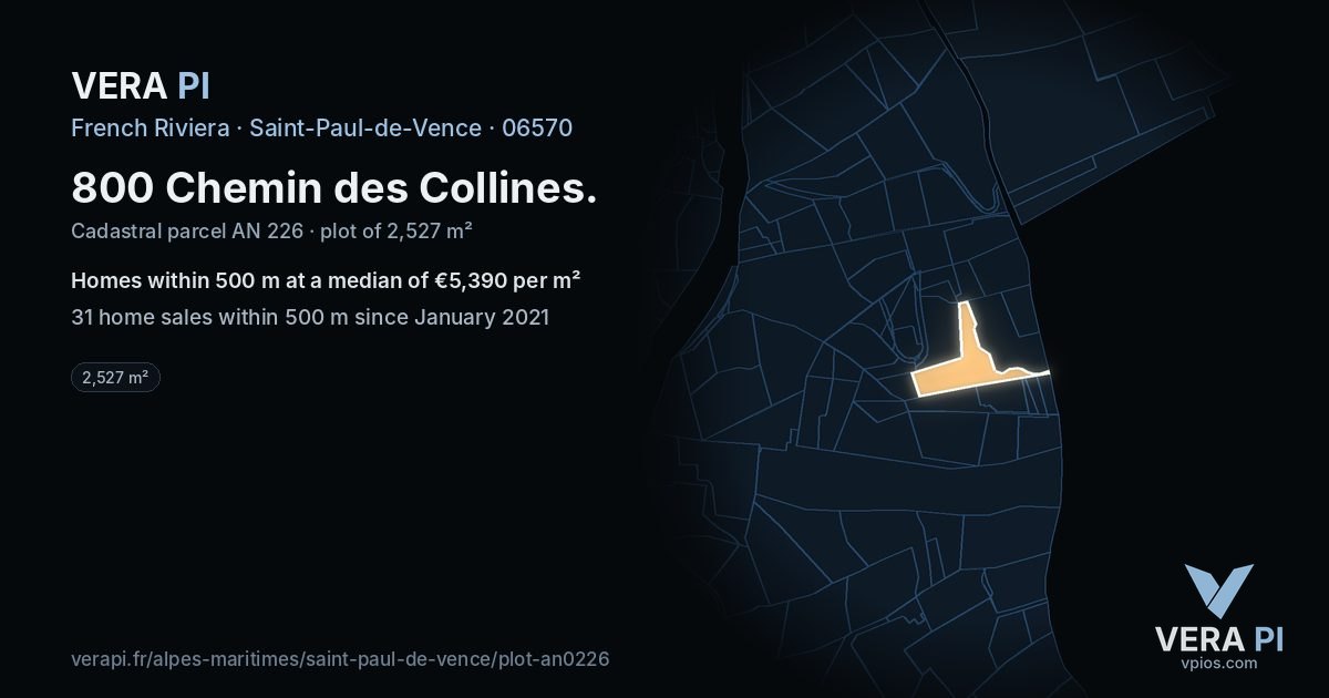 800 Chemin des Collines, Saint-Paul-de-Vence at night – the plot lit, the parcels around coloured by the prices near them