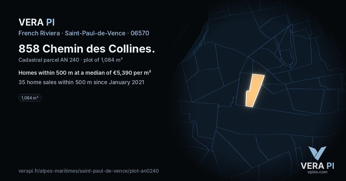 858 Chemin des Collines, Saint-Paul-de-Vence at night – the plot lit, the parcels around coloured by the prices near them