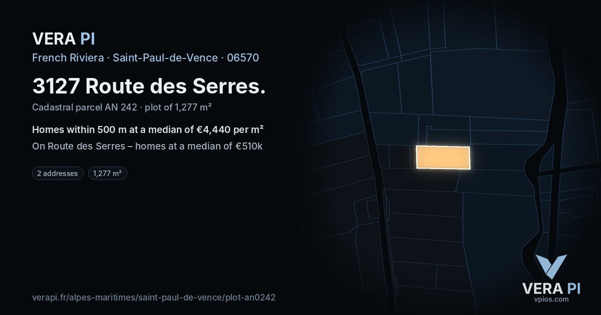 3127 Route des Serres, Saint-Paul-de-Vence at night – the plot lit, the parcels around coloured by the prices near them