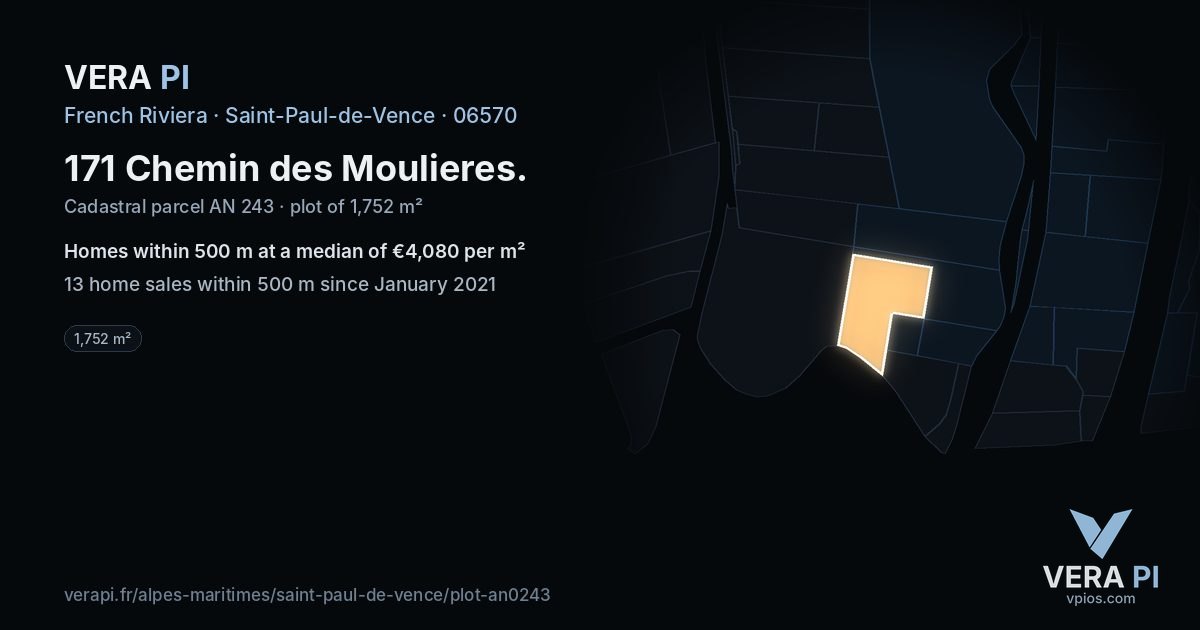 171 Chemin des Moulieres, Saint-Paul-de-Vence at night – the plot lit, the parcels around coloured by the prices near them