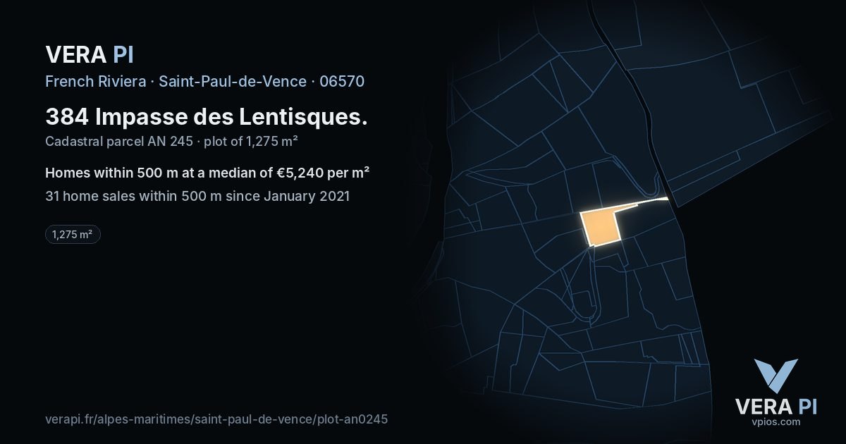 384 Impasse des Lentisques, Saint-Paul-de-Vence at night – the plot lit, the parcels around coloured by the prices near them