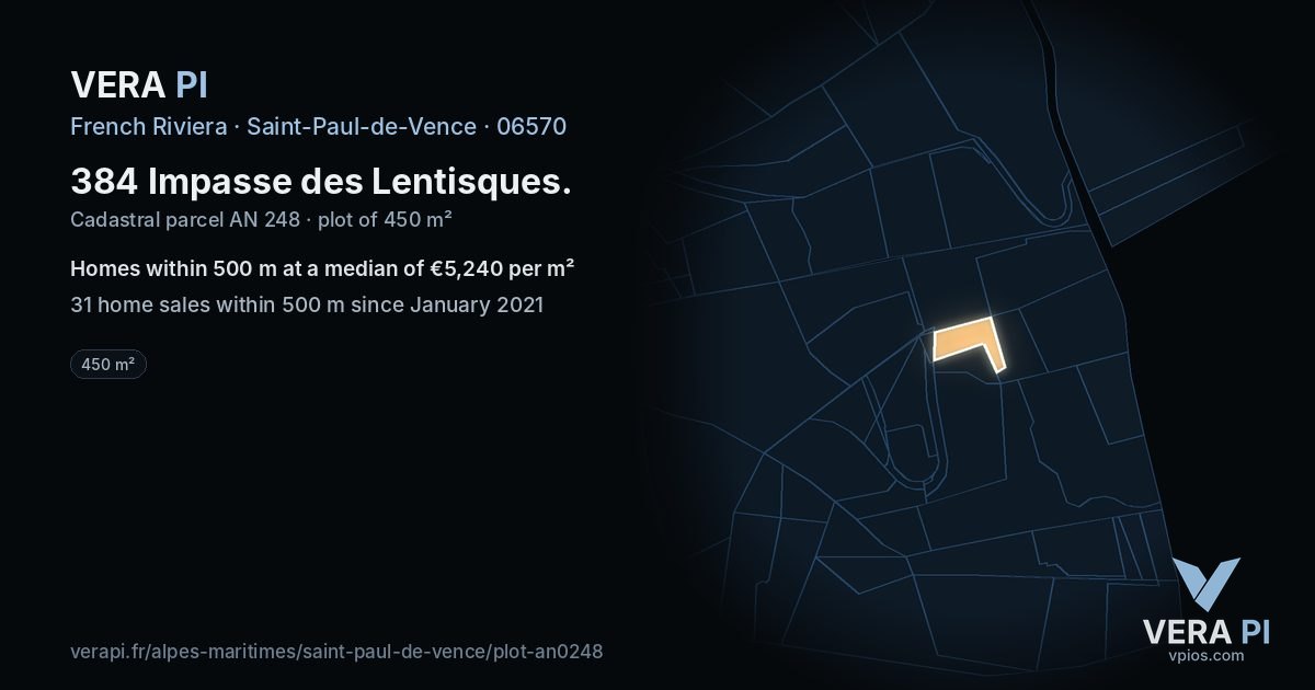 384 Impasse des Lentisques, Saint-Paul-de-Vence at night – the plot lit, the parcels around coloured by the prices near them