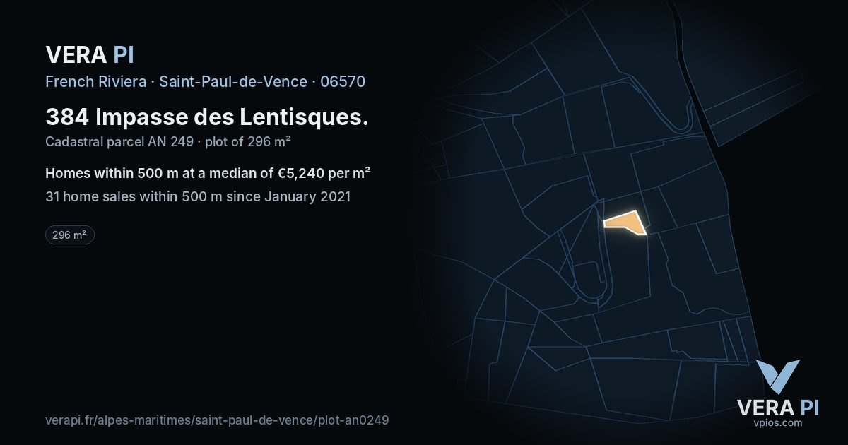 384 Impasse des Lentisques, Saint-Paul-de-Vence at night – the plot lit, the parcels around coloured by the prices near them