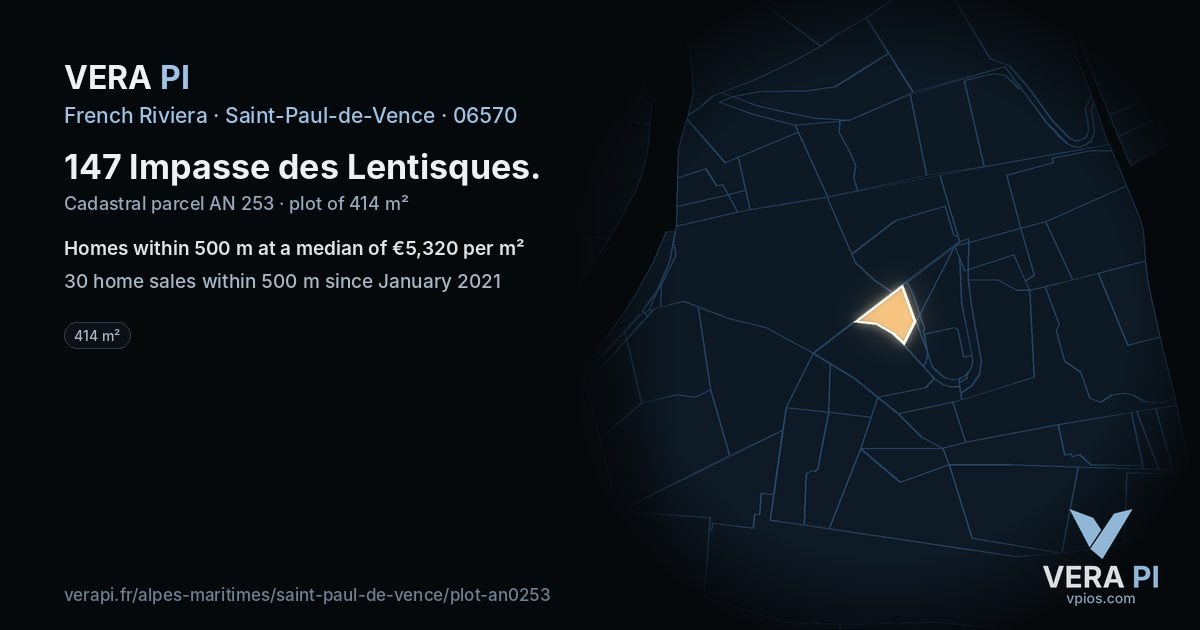 147 Impasse des Lentisques, Saint-Paul-de-Vence at night – the plot lit, the parcels around coloured by the prices near them