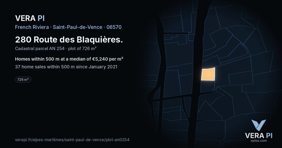 280 Route des Blaquières, Saint-Paul-de-Vence at night – the plot lit, the parcels around coloured by the prices near them