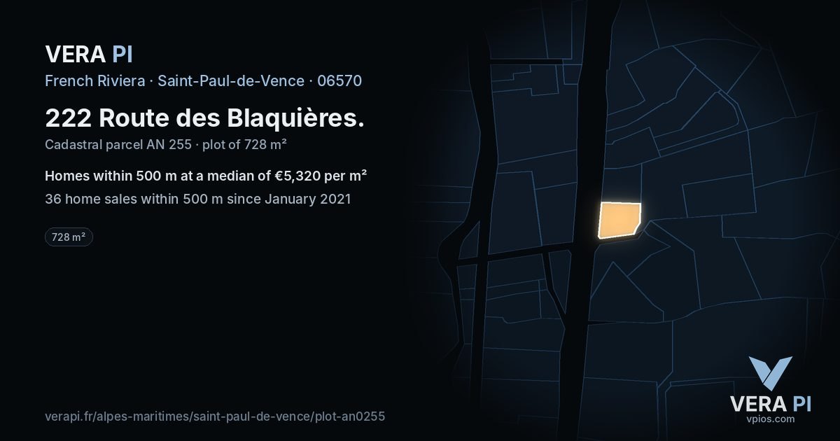 222 Route des Blaquières, Saint-Paul-de-Vence at night – the plot lit, the parcels around coloured by the prices near them