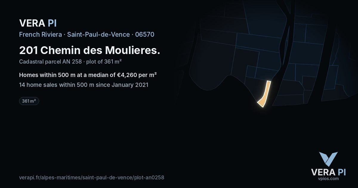 201 Chemin des Moulieres, Saint-Paul-de-Vence at night – the plot lit, the parcels around coloured by the prices near them