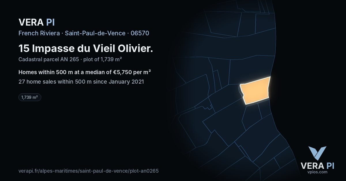 15 Impasse du Vieil Olivier, Saint-Paul-de-Vence at night – the plot lit, the parcels around coloured by the prices near them