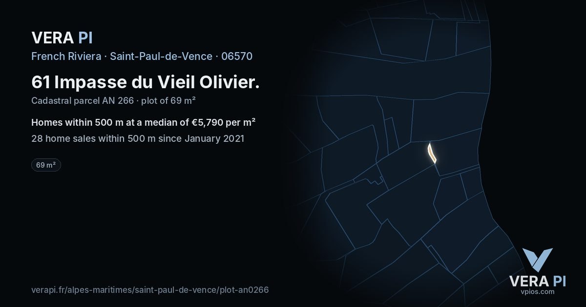 61 Impasse du Vieil Olivier, Saint-Paul-de-Vence at night – the plot lit, the parcels around coloured by the prices near them