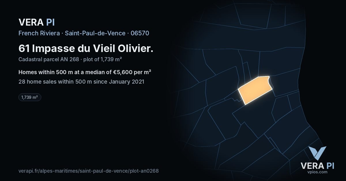 61 Impasse du Vieil Olivier, Saint-Paul-de-Vence at night – the plot lit, the parcels around coloured by the prices near them