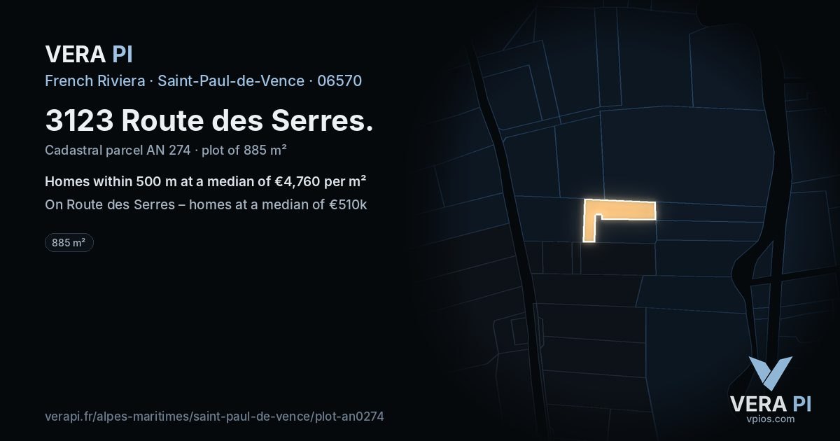 3123 Route des Serres, Saint-Paul-de-Vence at night – the plot lit, the parcels around coloured by the prices near them