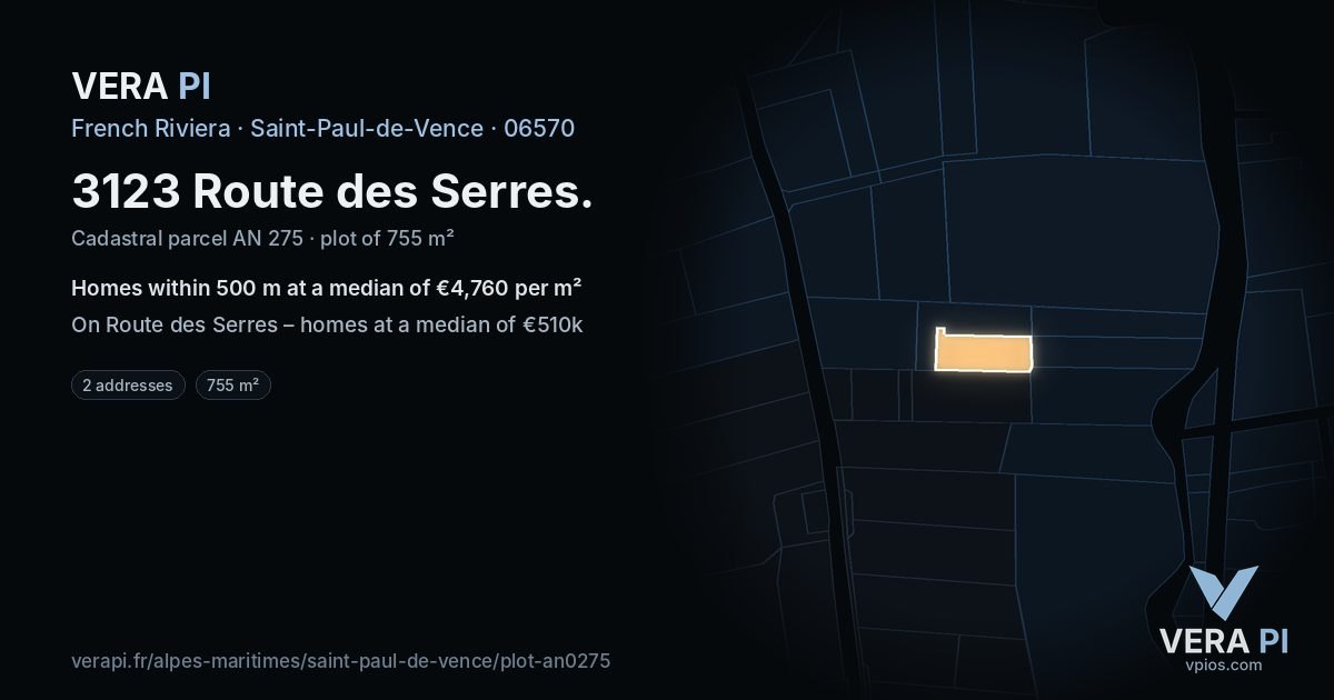 3123 Route des Serres, Saint-Paul-de-Vence at night – the plot lit, the parcels around coloured by the prices near them
