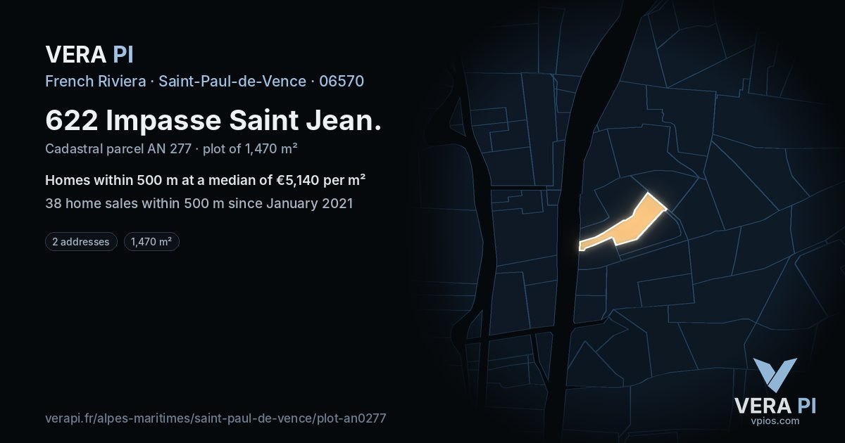 622 Impasse Saint Jean, Saint-Paul-de-Vence at night – the plot lit, the parcels around coloured by the prices near them