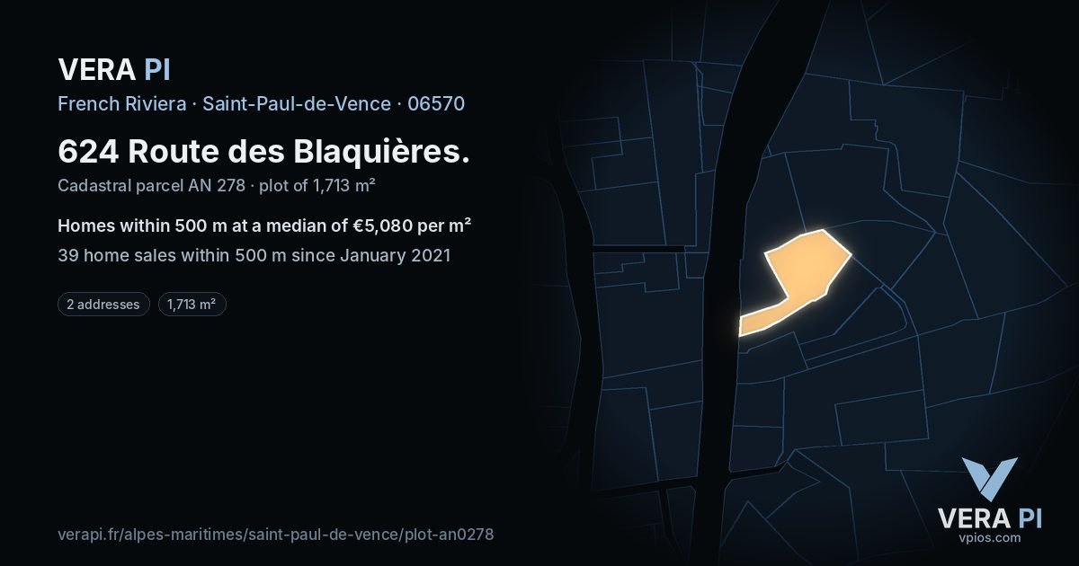 624 Route des Blaquières, Saint-Paul-de-Vence at night – the plot lit, the parcels around coloured by the prices near them