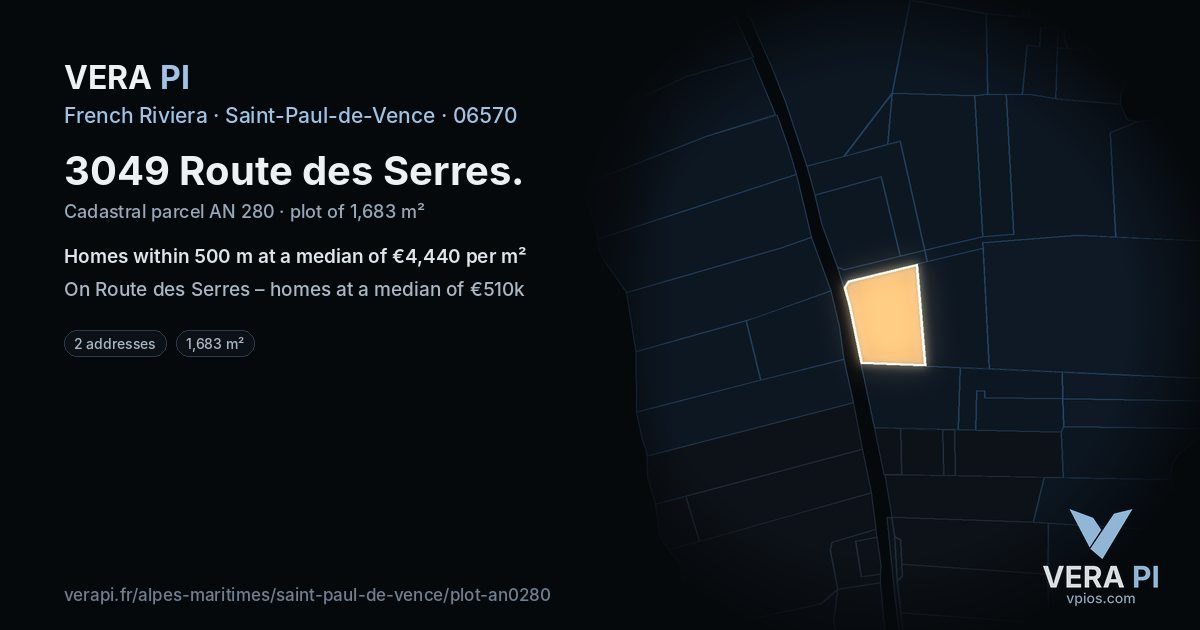 3049 Route des Serres, Saint-Paul-de-Vence at night – the plot lit, the parcels around coloured by the prices near them