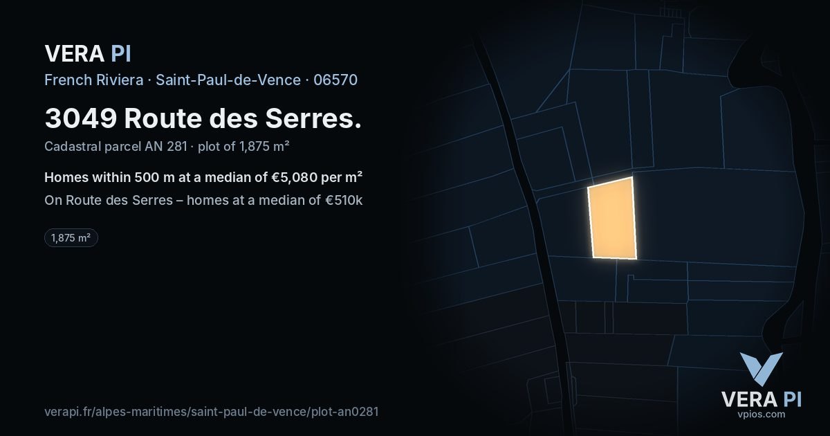 3049 Route des Serres, Saint-Paul-de-Vence at night – the plot lit, the parcels around coloured by the prices near them