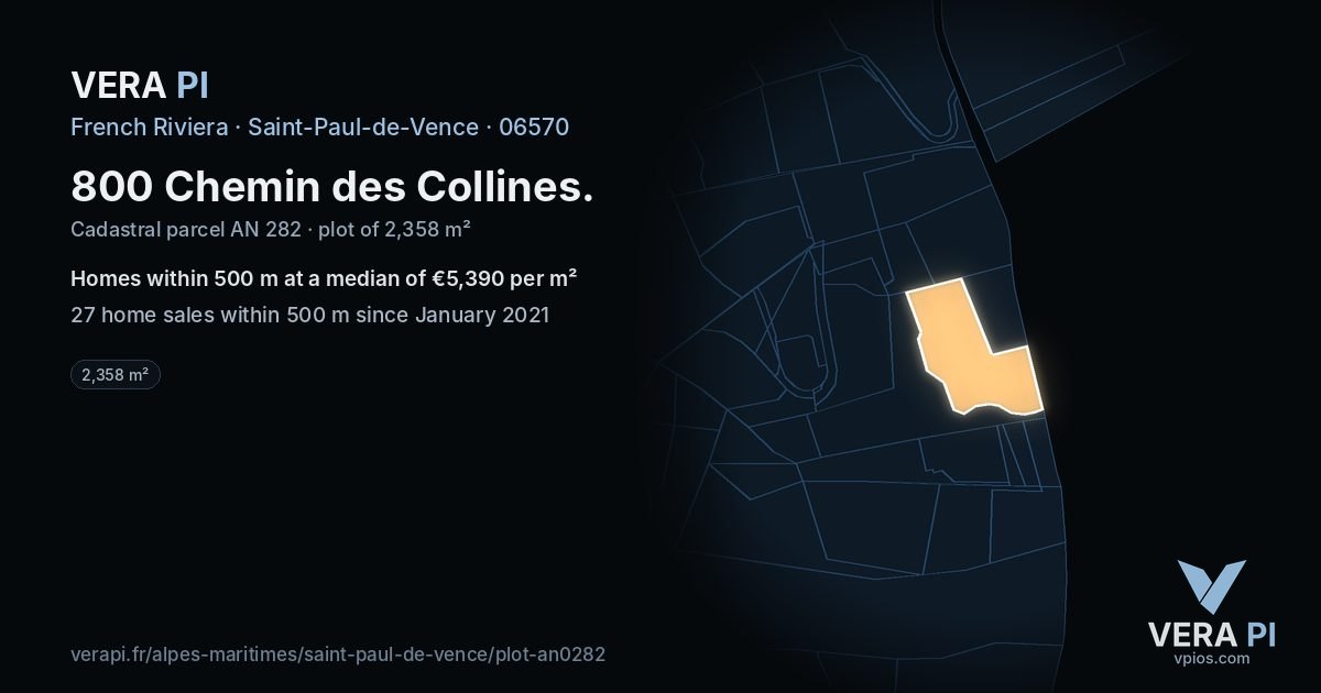 800 Chemin des Collines, Saint-Paul-de-Vence at night – the plot lit, the parcels around coloured by the prices near them