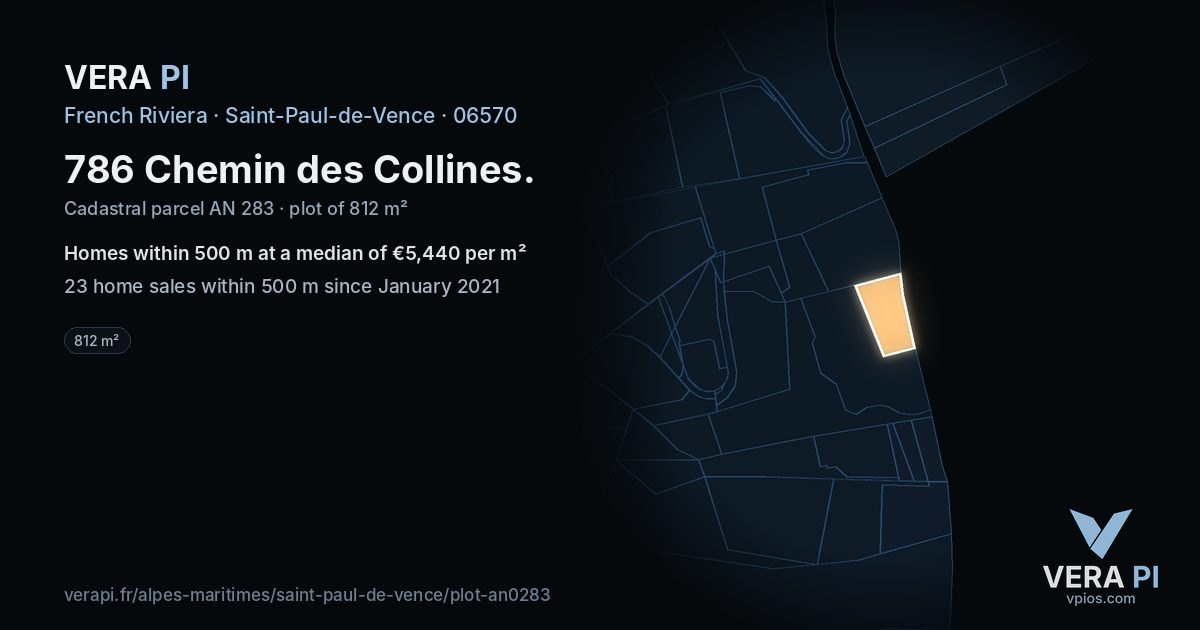 786 Chemin des Collines, Saint-Paul-de-Vence at night – the plot lit, the parcels around coloured by the prices near them