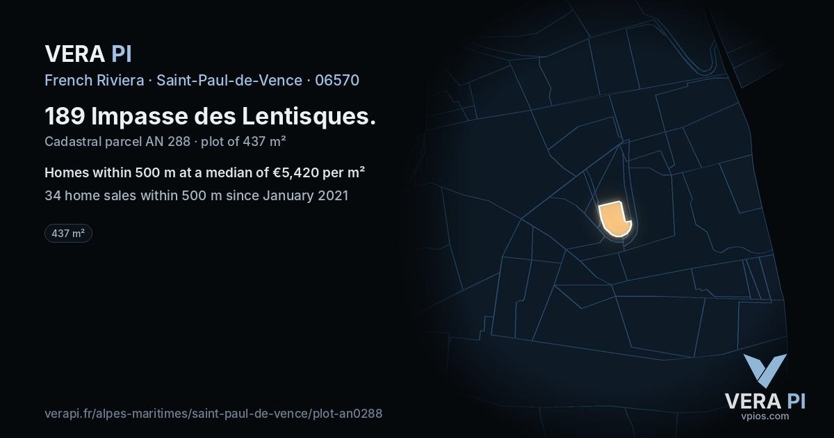 189 Impasse des Lentisques, Saint-Paul-de-Vence at night – the plot lit, the parcels around coloured by the prices near them