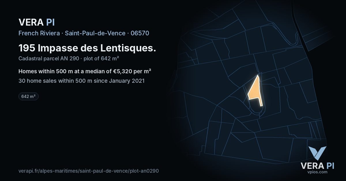 195 Impasse des Lentisques, Saint-Paul-de-Vence at night – the plot lit, the parcels around coloured by the prices near them