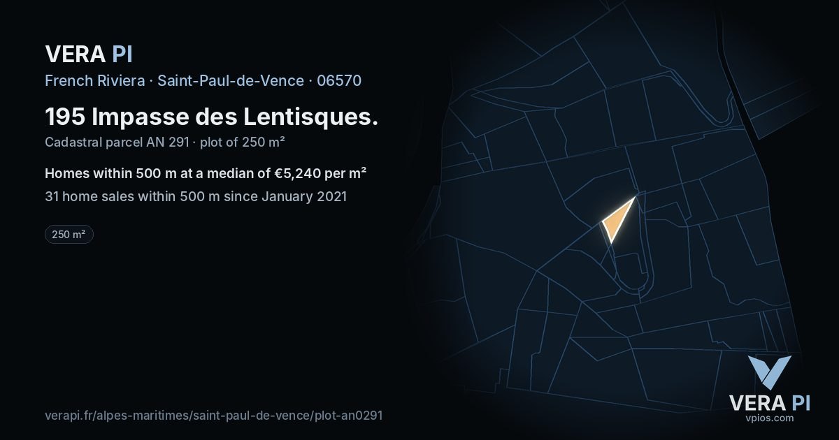 195 Impasse des Lentisques, Saint-Paul-de-Vence at night – the plot lit, the parcels around coloured by the prices near them