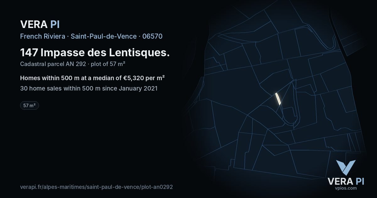 147 Impasse des Lentisques, Saint-Paul-de-Vence at night – the plot lit, the parcels around coloured by the prices near them