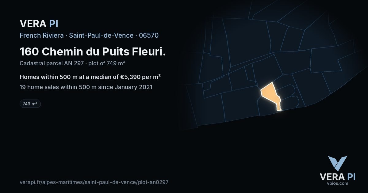 160 Chemin du Puits Fleuri, Saint-Paul-de-Vence at night – the plot lit, the parcels around coloured by the prices near them