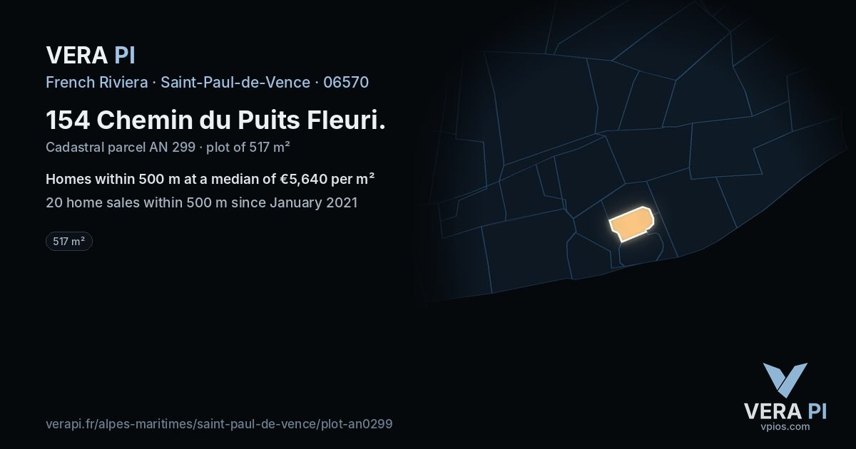 154 Chemin du Puits Fleuri, Saint-Paul-de-Vence at night – the plot lit, the parcels around coloured by the prices near them