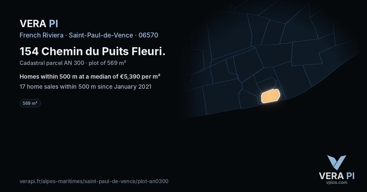 154 Chemin du Puits Fleuri, Saint-Paul-de-Vence at night – the plot lit, the parcels around coloured by the prices near them