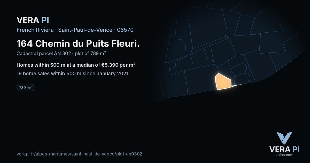 164 Chemin du Puits Fleuri, Saint-Paul-de-Vence at night – the plot lit, the parcels around coloured by the prices near them