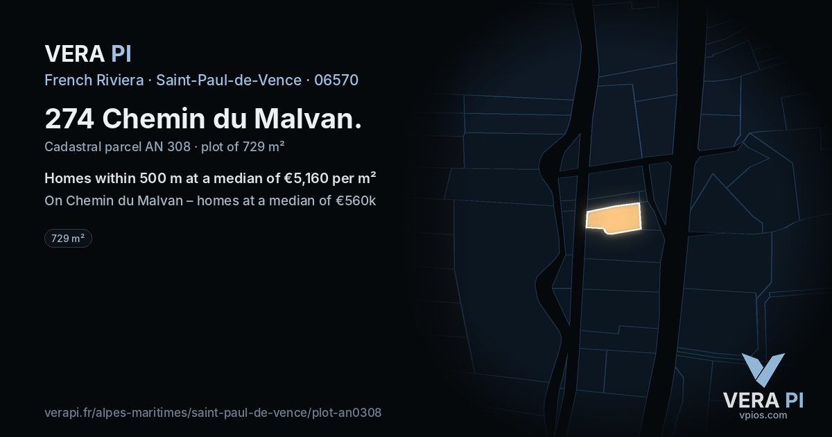 274 Chemin du Malvan, Saint-Paul-de-Vence at night – the plot lit, the parcels around coloured by the prices near them