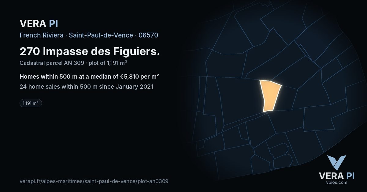 270 Impasse des Figuiers, Saint-Paul-de-Vence at night – the plot lit, the parcels around coloured by the prices near them