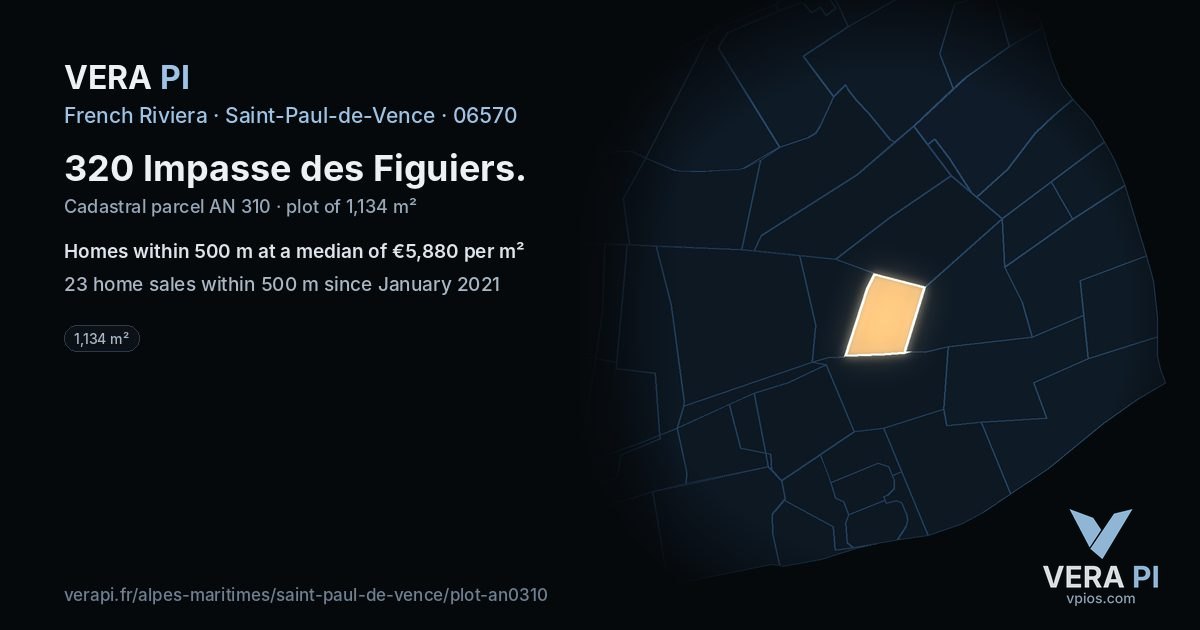 320 Impasse des Figuiers, Saint-Paul-de-Vence at night – the plot lit, the parcels around coloured by the prices near them
