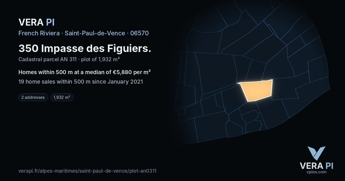 350 Impasse des Figuiers, Saint-Paul-de-Vence at night – the plot lit, the parcels around coloured by the prices near them