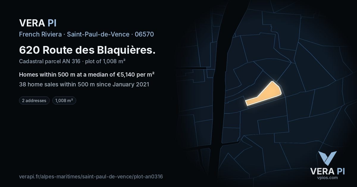 620 Route des Blaquières, Saint-Paul-de-Vence at night – the plot lit, the parcels around coloured by the prices near them