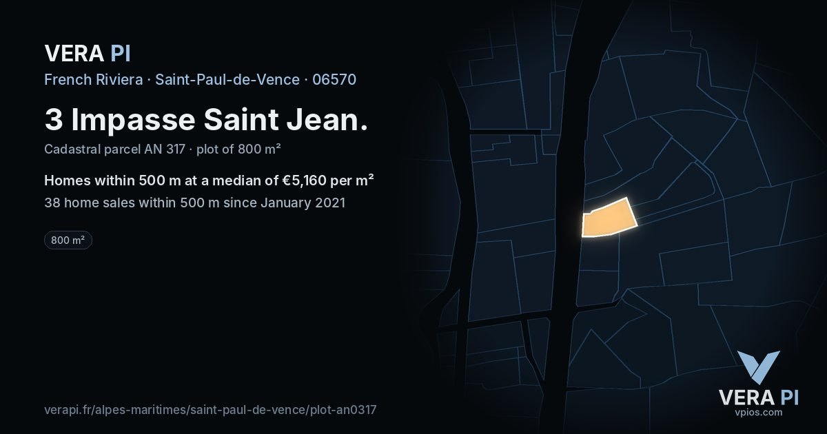 3 Impasse Saint Jean, Saint-Paul-de-Vence at night – the plot lit, the parcels around coloured by the prices near them