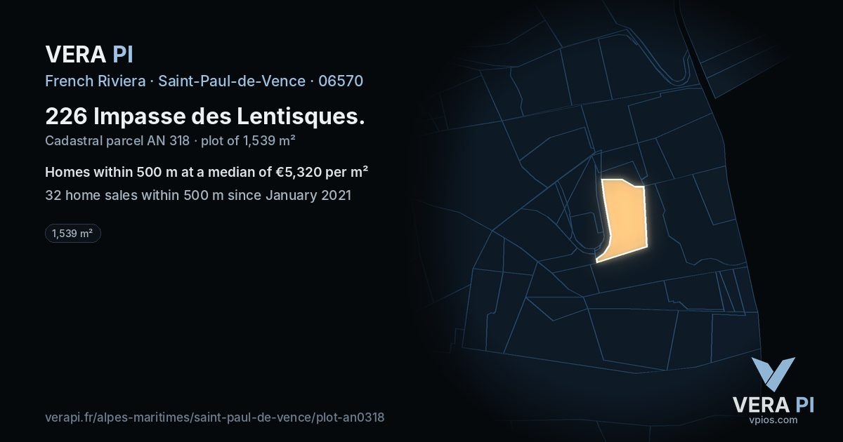 226 Impasse des Lentisques, Saint-Paul-de-Vence at night – the plot lit, the parcels around coloured by the prices near them