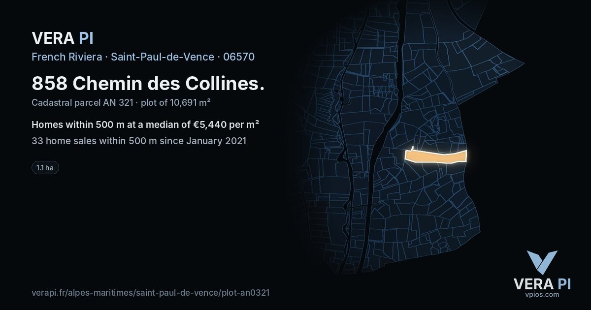 858 Chemin des Collines, Saint-Paul-de-Vence at night – the plot lit, the parcels around coloured by the prices near them