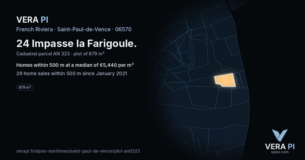 24 Impasse la Farigoule, Saint-Paul-de-Vence at night – the plot lit, the parcels around coloured by the prices near them