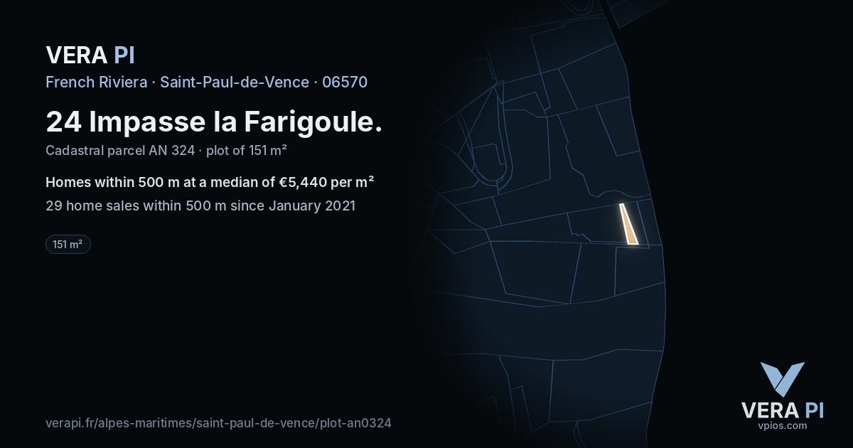 24 Impasse la Farigoule, Saint-Paul-de-Vence at night – the plot lit, the parcels around coloured by the prices near them