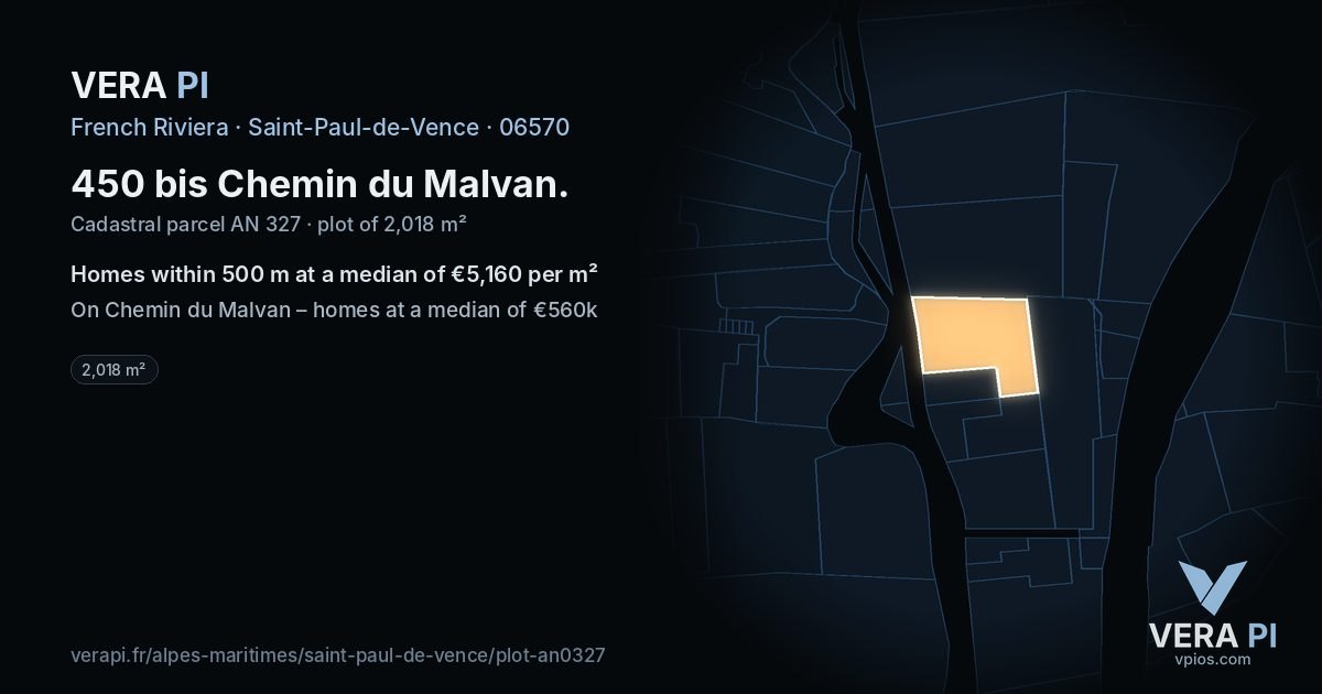 450 bis Chemin du Malvan, Saint-Paul-de-Vence at night – the plot lit, the parcels around coloured by the prices near them