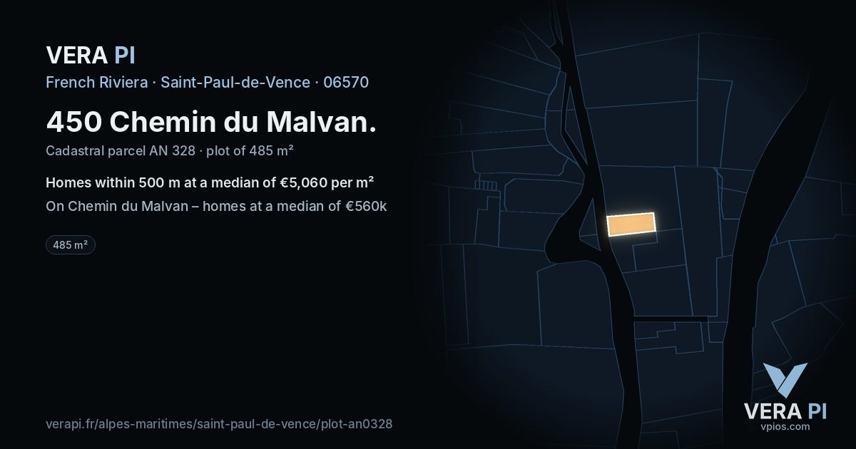 450 Chemin du Malvan, Saint-Paul-de-Vence at night – the plot lit, the parcels around coloured by the prices near them