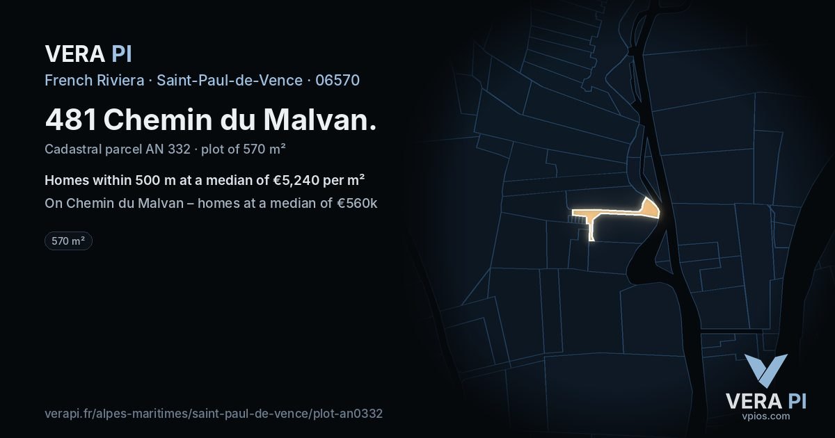 481 Chemin du Malvan, Saint-Paul-de-Vence at night – the plot lit, the parcels around coloured by the prices near them