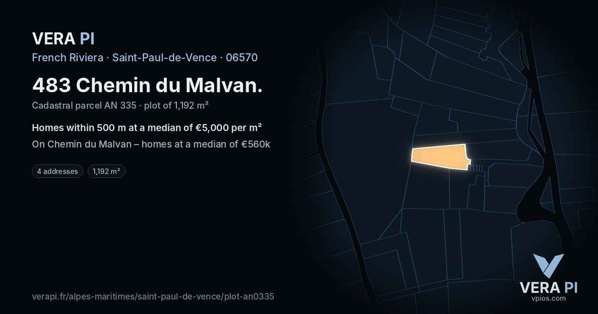 483 Chemin du Malvan, Saint-Paul-de-Vence at night – the plot lit, the parcels around coloured by the prices near them