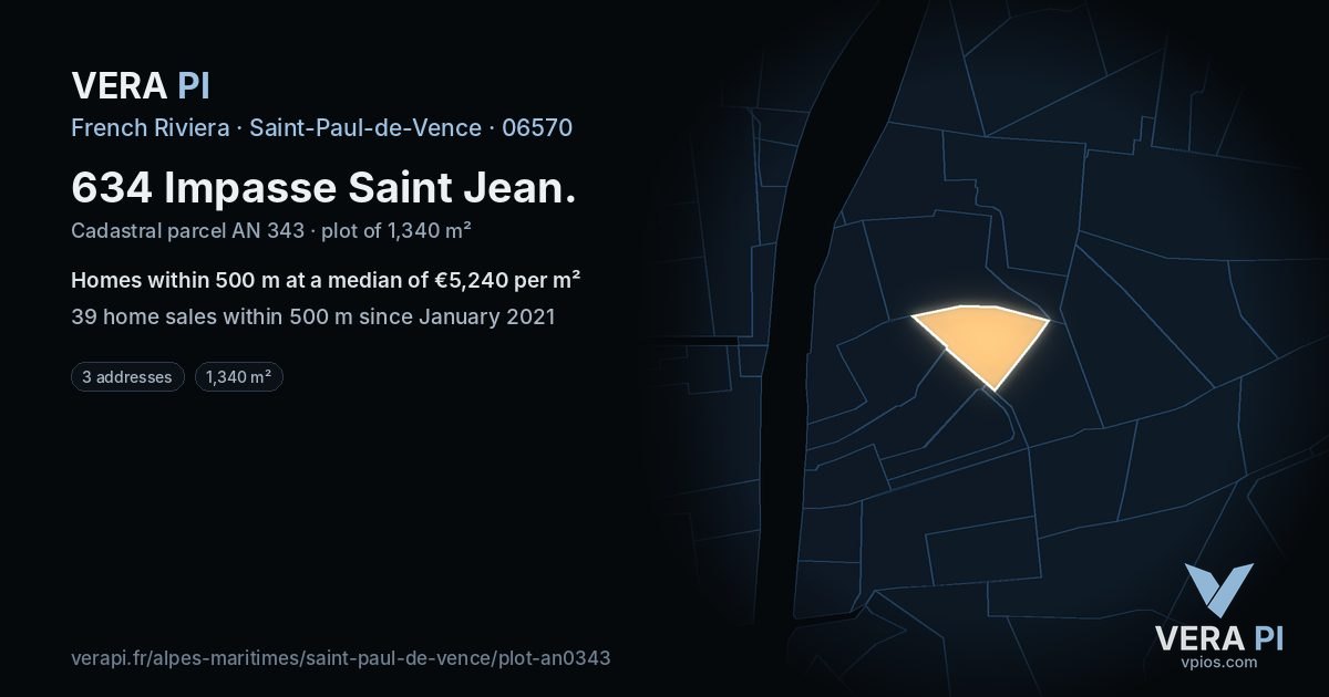 634 Impasse Saint Jean, Saint-Paul-de-Vence at night – the plot lit, the parcels around coloured by the prices near them