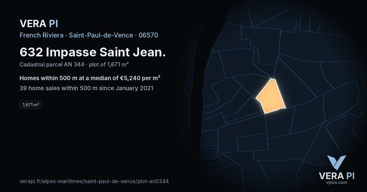 632 Impasse Saint Jean, Saint-Paul-de-Vence at night – the plot lit, the parcels around coloured by the prices near them