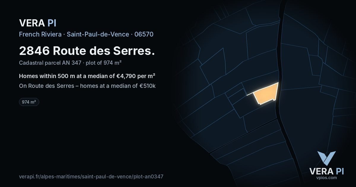 2846 Route des Serres, Saint-Paul-de-Vence at night – the plot lit, the parcels around coloured by the prices near them