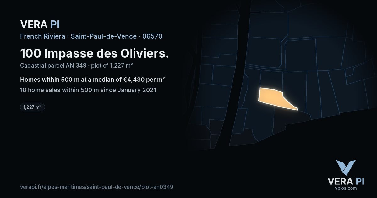 100 Impasse des Oliviers, Saint-Paul-de-Vence at night – the plot lit, the parcels around coloured by the prices near them